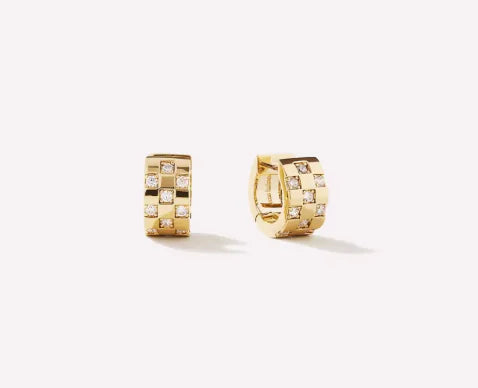 14K Gold Checkered CZ Stud Earrings