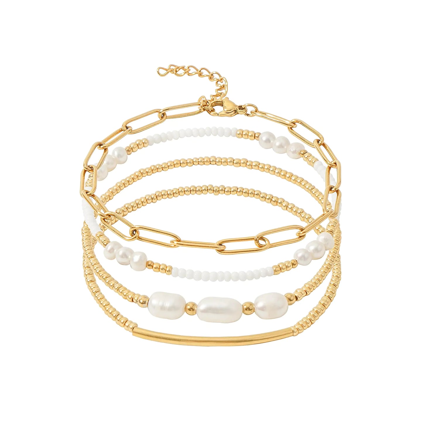 DiSiTino Dainty Gold Pearl Beaded Bracelets for Women Gold Plated Bead Pearl Beads Bracelets Set Stackable Paperclip Link Stretch Bracelets Gold Bracelets for Women (Style B 14K Gold Plated Color)