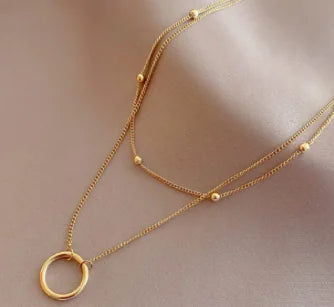 18K Gold-Plated Double Layer Necklace with Ring (One Piece)