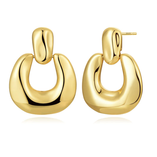 FSLEAD 14k Gold Dangle Earring for Women Door Knocker Earring Trendy Square Dainty Chunky Vintage Gold Earring Statement Drop Earring for Women Texture Dangle Earring Small Cut Door Knocker Design