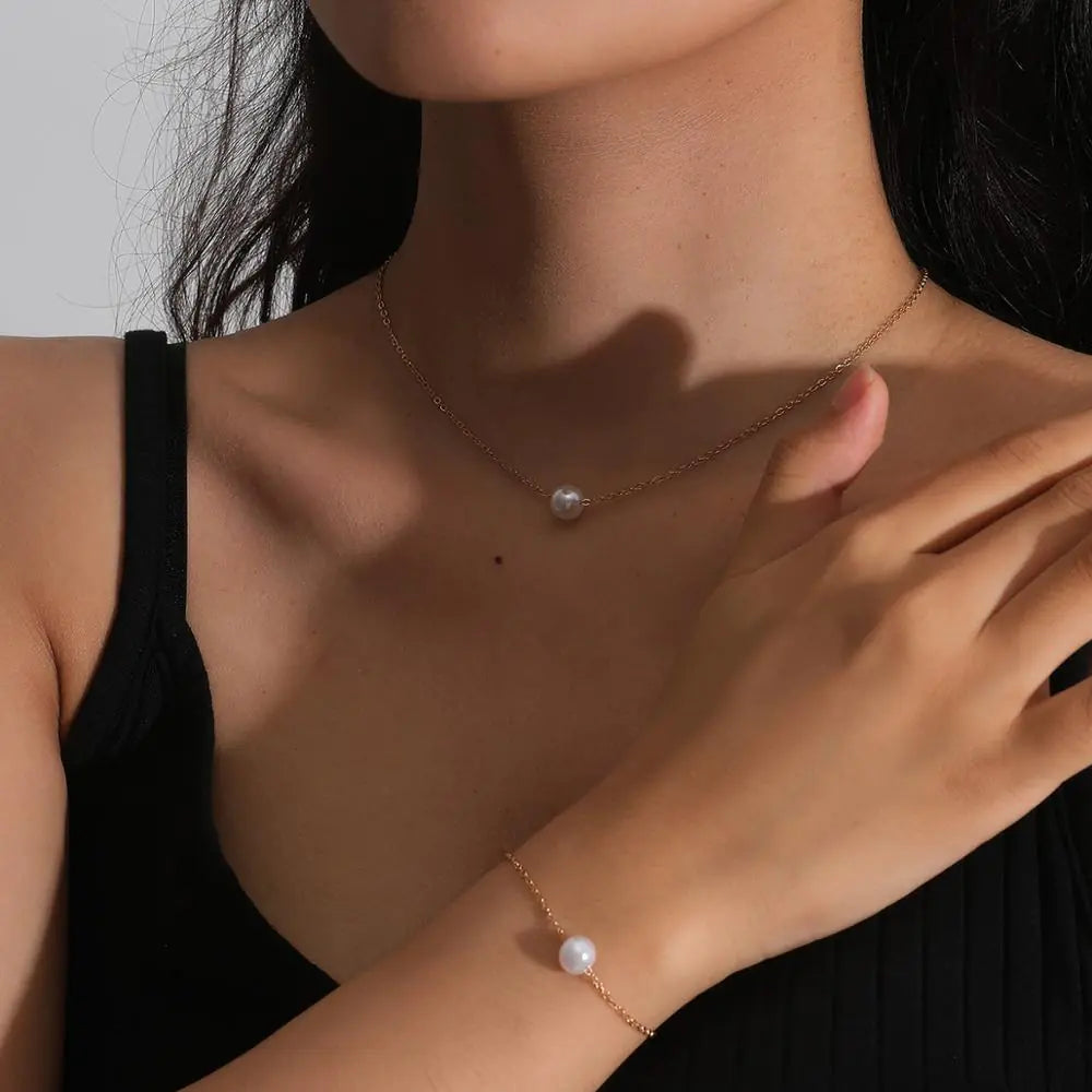Simple Pearl Necklace and Bracelet Set
