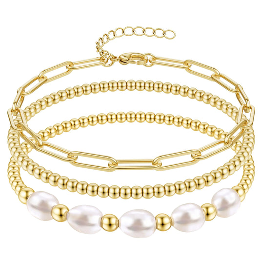 Sanfenly 5 PCS Initial Charm Bracelet for Women Gold Stack Pearl Beaded Bracelets Adjustable Colorful Paperclip Link Letter Waterproof Handmade Bracelet Summer Beach Trendy Jewelry Set (Letter A)