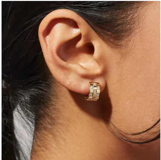 14K Gold Checkered CZ Stud Earrings