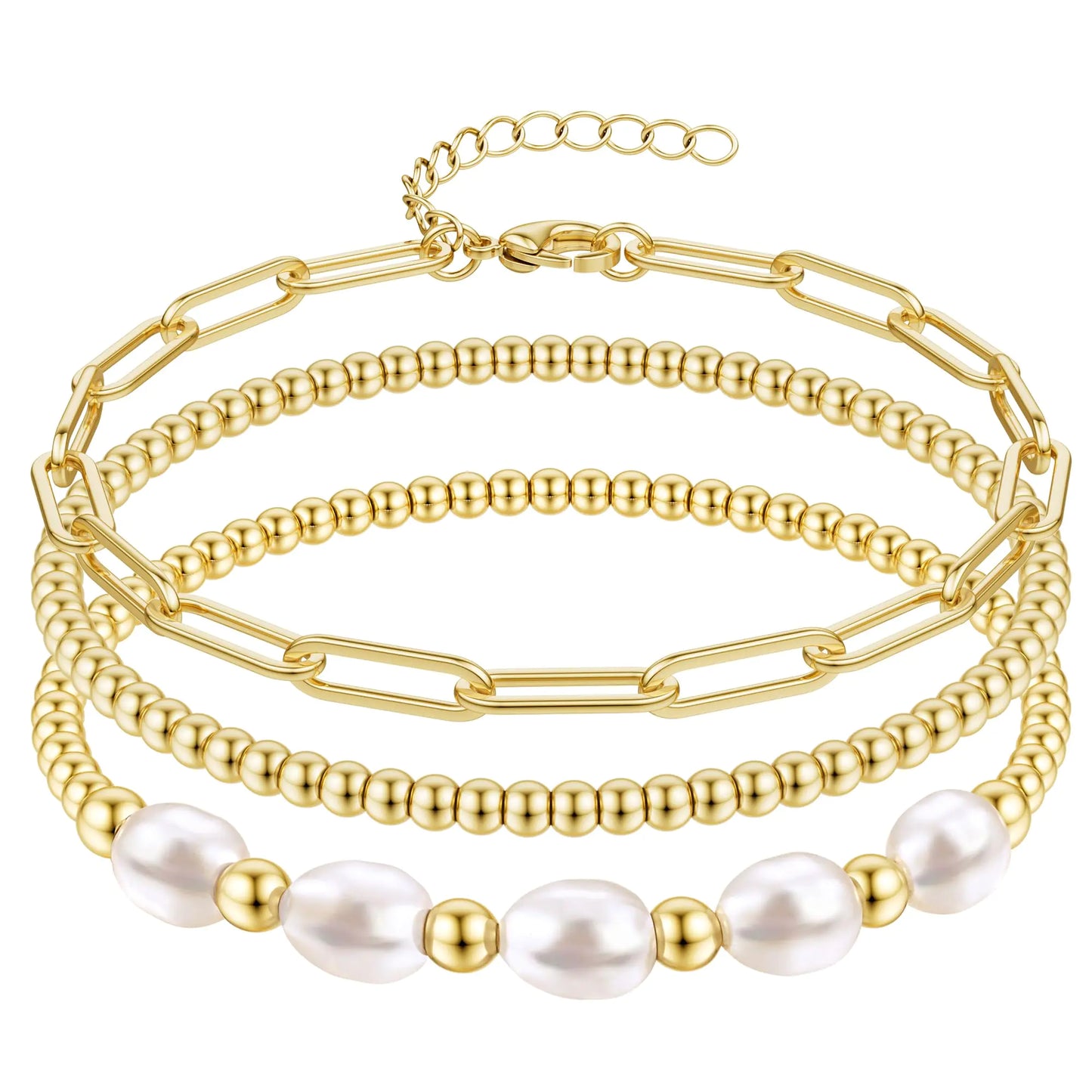 Sanfenly 5 PCS Initial Charm Bracelet for Women Gold Stack Pearl Beaded Bracelets Adjustable Colorful Paperclip Link Letter Waterproof Handmade Bracelet Summer Beach Trendy Jewelry Set (Letter A)