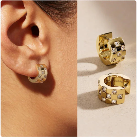 14K Gold Checkered CZ Stud Earrings