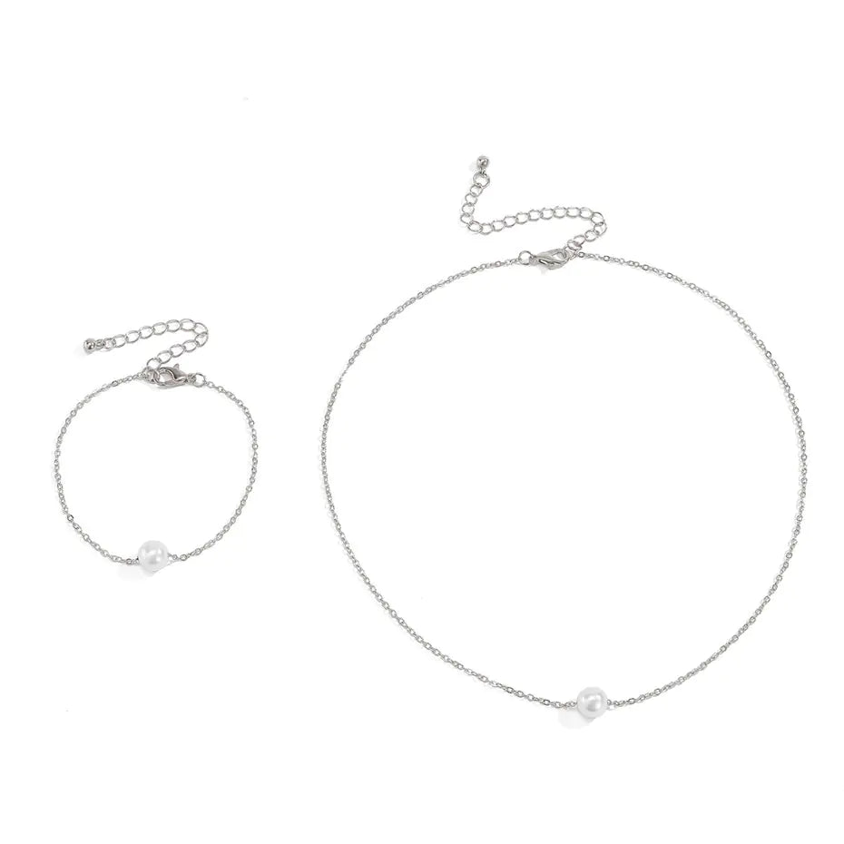Simple Pearl Necklace and Bracelet Set