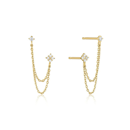 BUAEL 925 Sterling Silver Four Zircons Flower Stud Earrings For Women | Double Studs Chain Tassel Piercing Earring | Gold Plated Double Piercing Dangle Chain Earrings Jewelry Gifts for Women