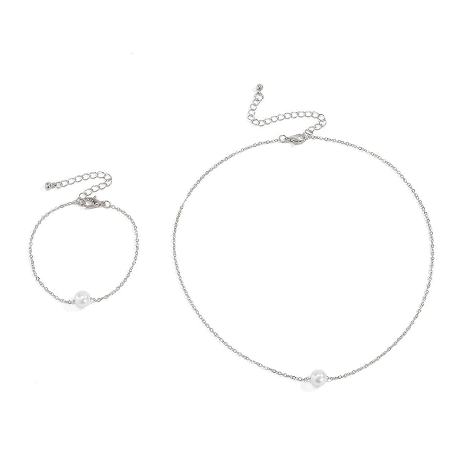 Simple Pearl Necklace and Bracelet Set
